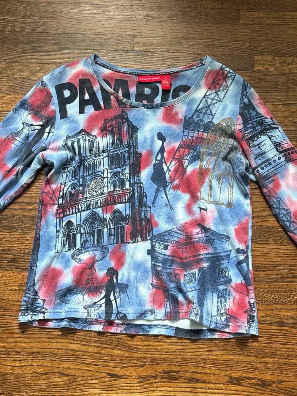 Gloria Vanderbilt Paris Landmark Tie-Dye Long Sleeve Tee - Red, Blue & Black